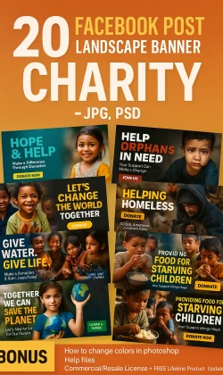 20 Facebook Post Landscape Banner Charity — JPG, PSD